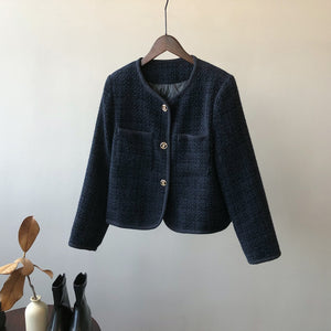 [Korean Style] Cotton Quilted Collarless Cropped Tweed Jacket