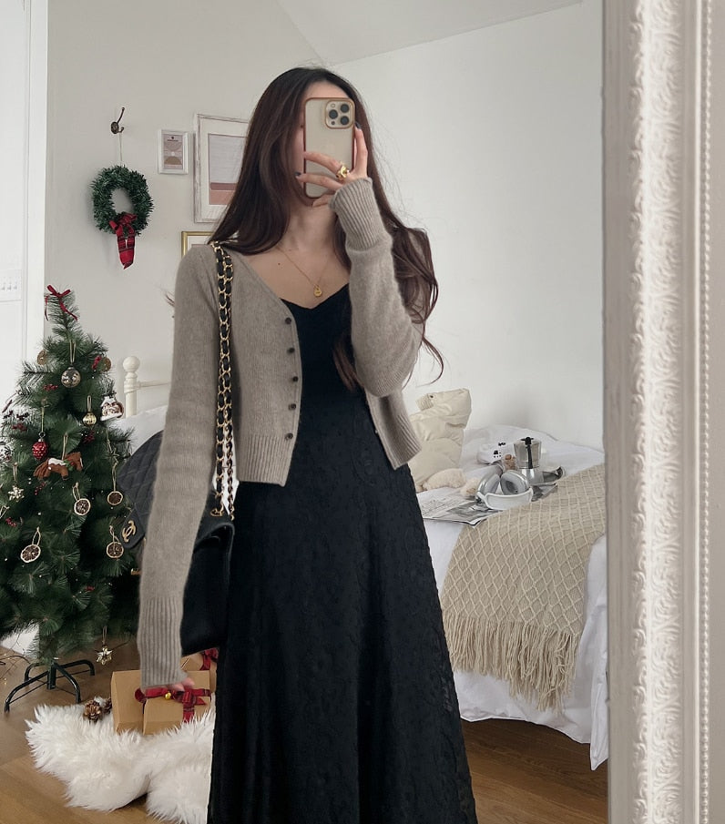 [Korean Style] Black Beige Lacey Spaghetti Strap One Piece Dress