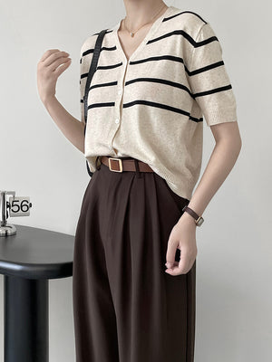 [Korean Style] V-Neck Striped Short Sleeve Knit Top Cardigan