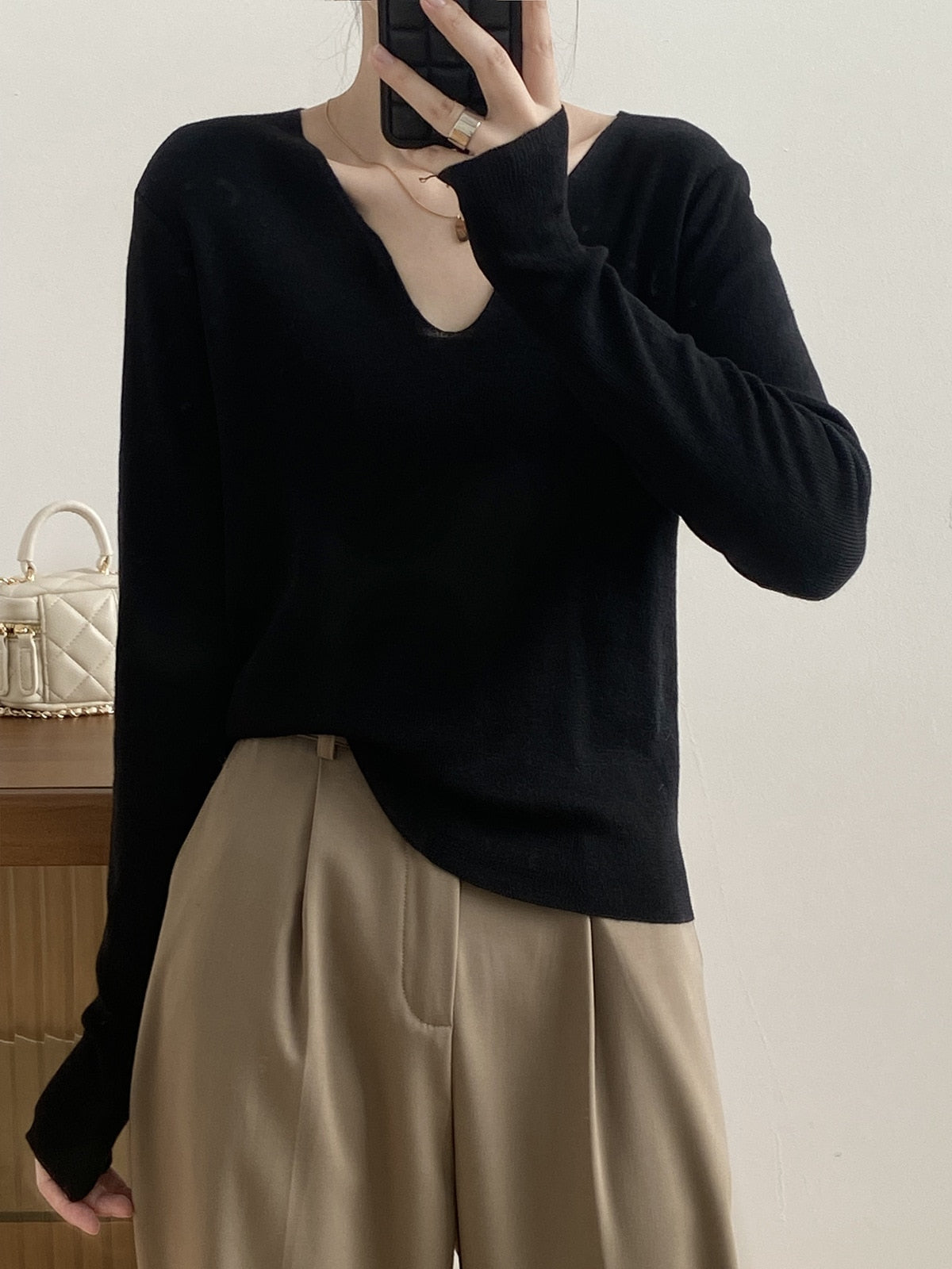 [Korean Style] Soft & Comfy Irregular Neckline Slim Fit Knit Top