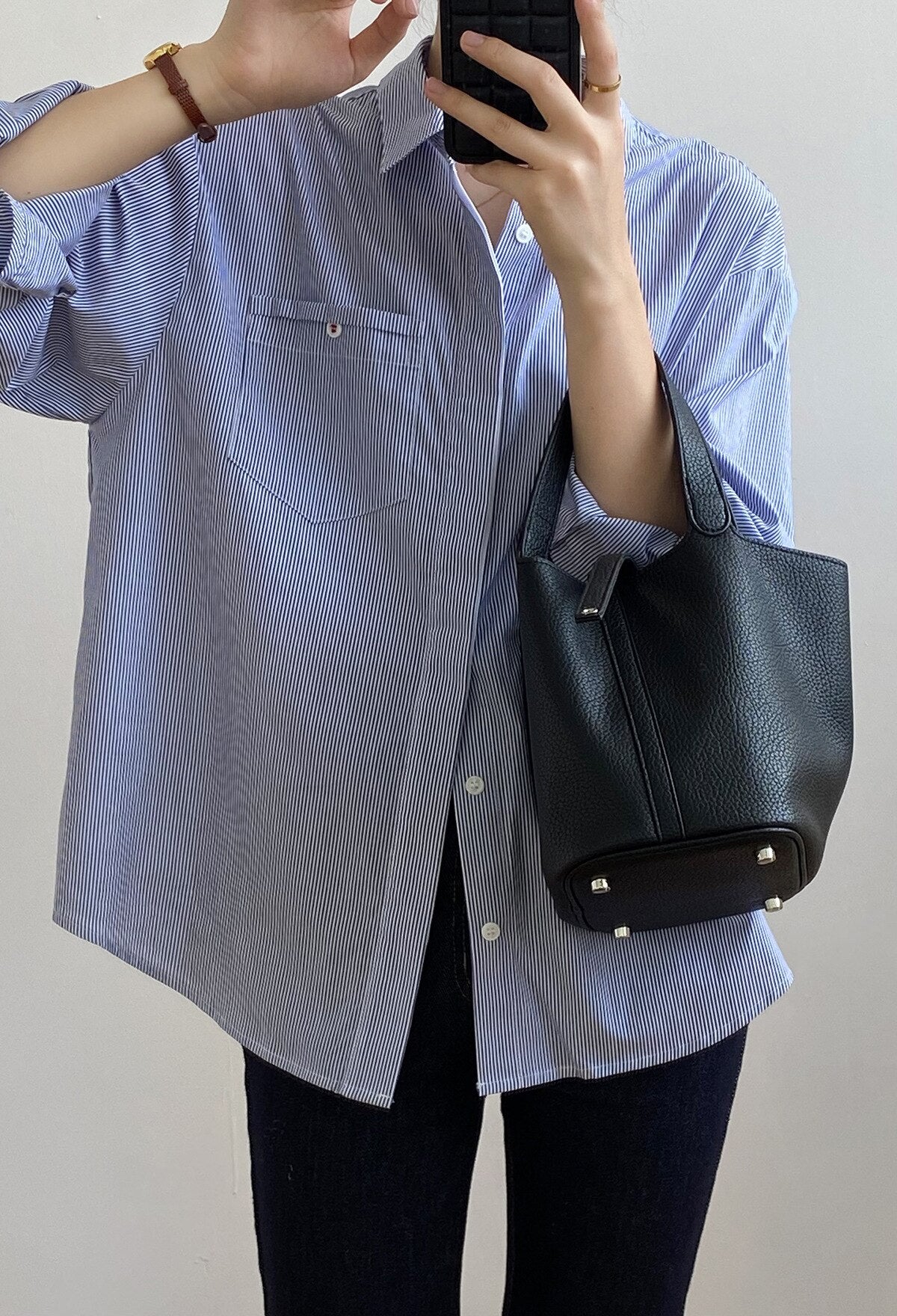 [Korean Style] Versatile Loose Fit Blue Striped Shirt