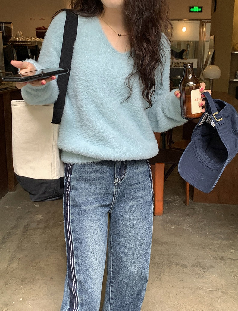 [Korean Style] Solid Color V-Neck Loose Fit Fluffy Pullover Sweater