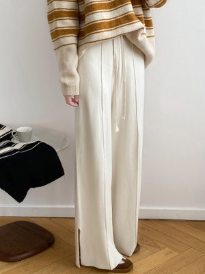 [Korean Style] 4 Color Drawstring Side Slit Full length Wide Leg Knit Pants