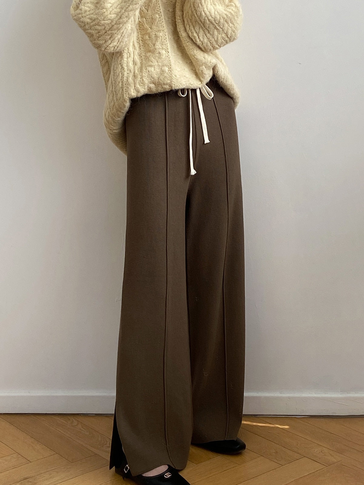 [Korean Style] 4 Color Drawstring Side Slit Full length Wide Leg Knit Pants