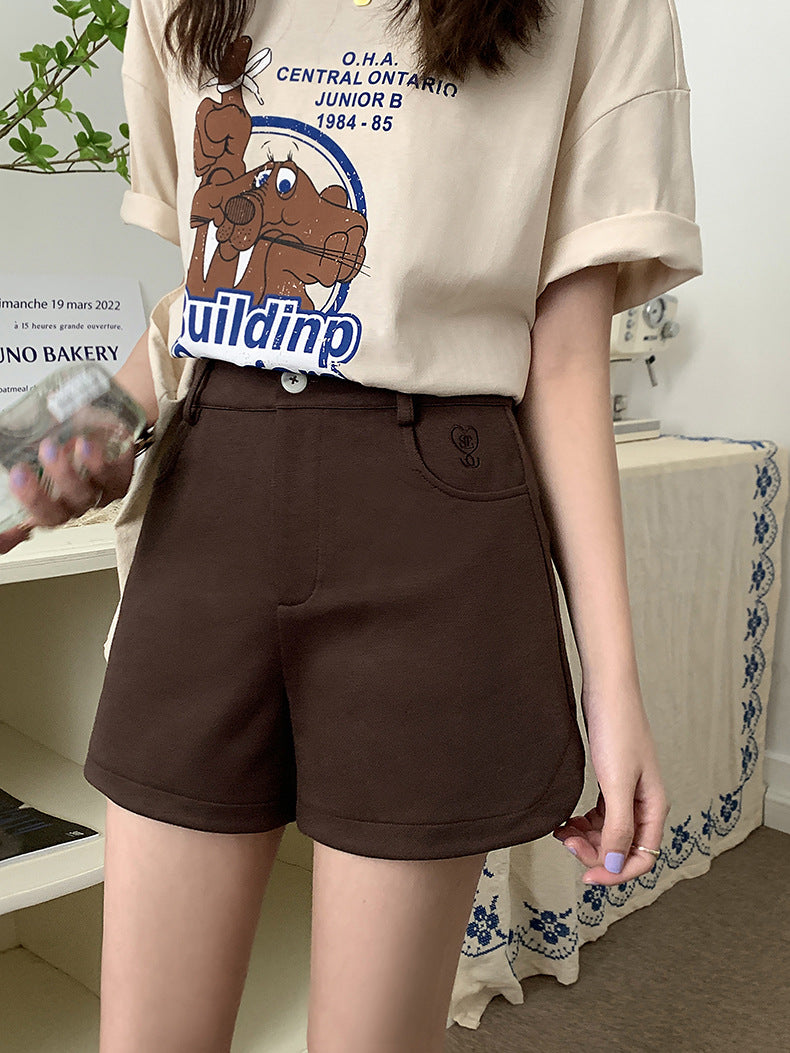 [Korean Style] Solid Color High Waist Button-up Sweat Shorts