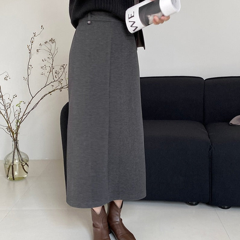 [Korean Style] 2 Color Hight Waist Straight Winter Long Skirt w/ Back Slit