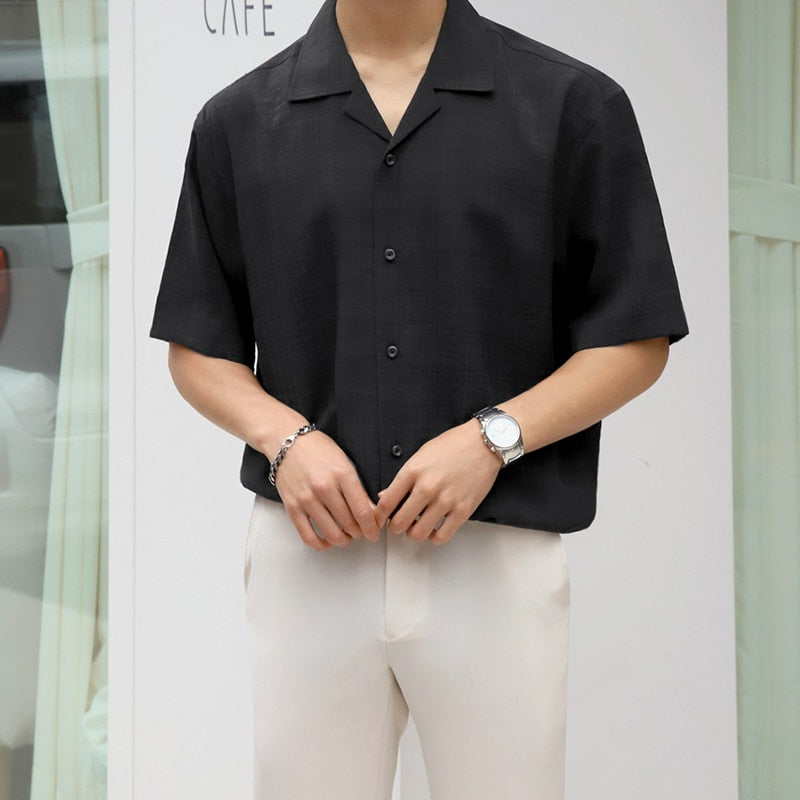 [Korean Style] Black Short Sleeve Casual Plaid Shirts