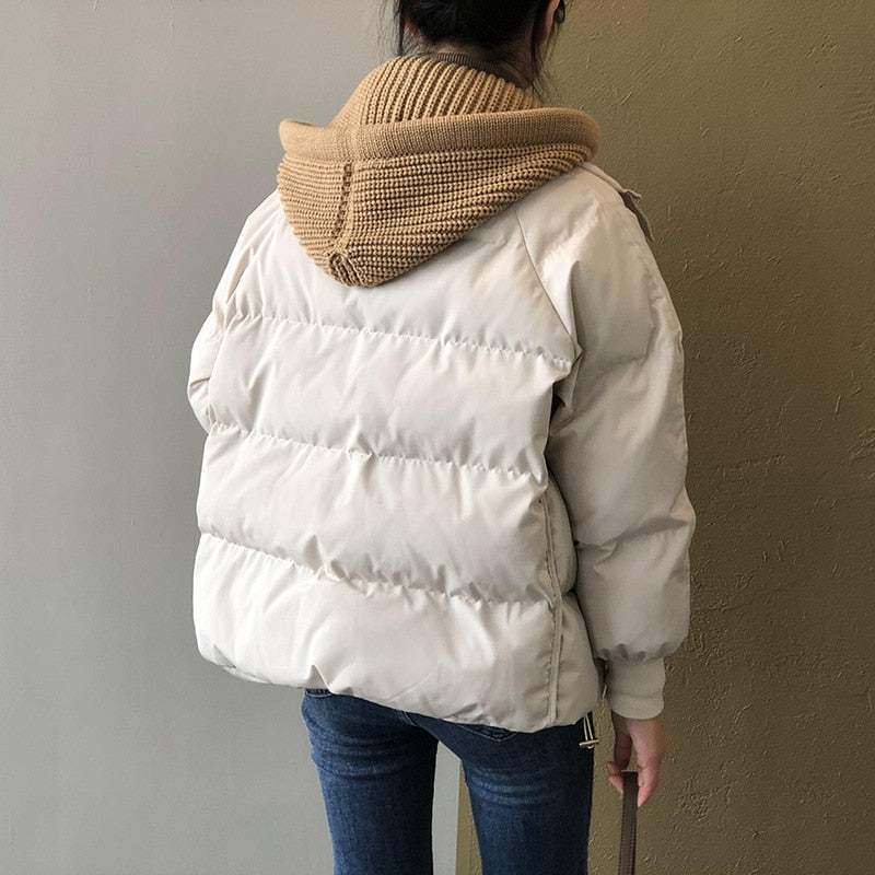 [Korean Style] Detachable Knit Hooded Cotton Padded Crop Puffer Jacket