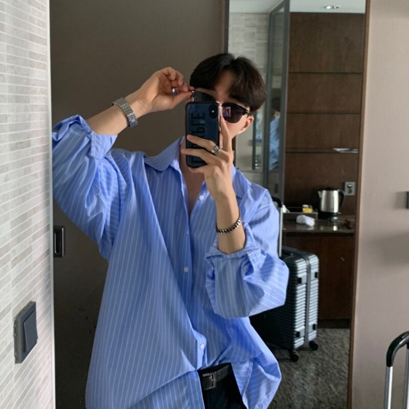 [Korean Style] Blue/White Oversize Striped Shirts