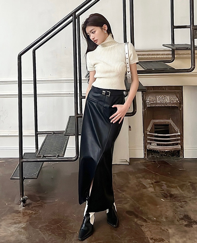 [Korean Style] High Waist Straight Faux Leather Long Skirt