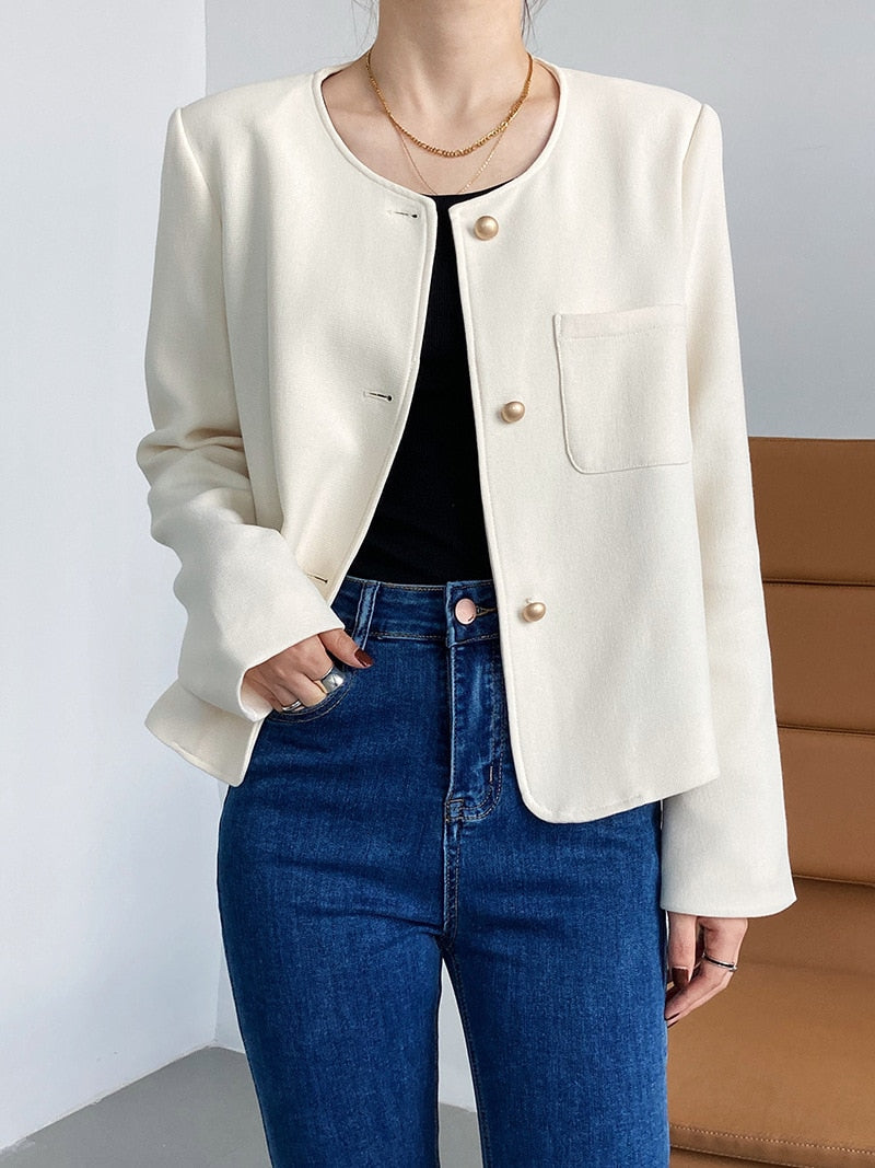 [Korean Style] Collarless Single Breasted Loose Fit Cropped Blazer Jacket