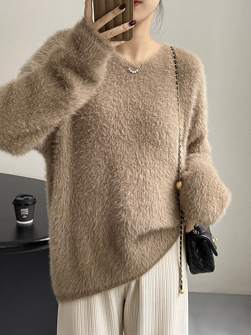 [Korean Style] Loose Fit Fluffy Laidback Solid Color Mohair Sweater