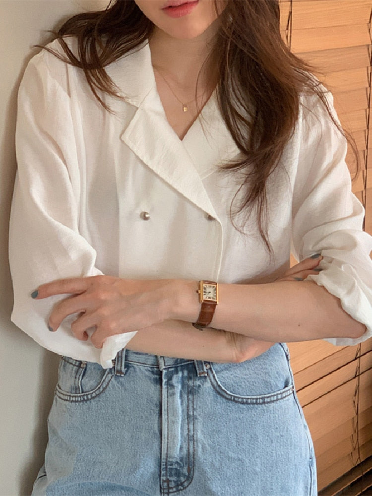 [Korean Style] Notched Collar Double Breasted Casual Blouses