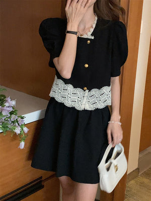 [Korean Style] Black Puff Sleeve Lace Shirt Skirt 2 pc Set