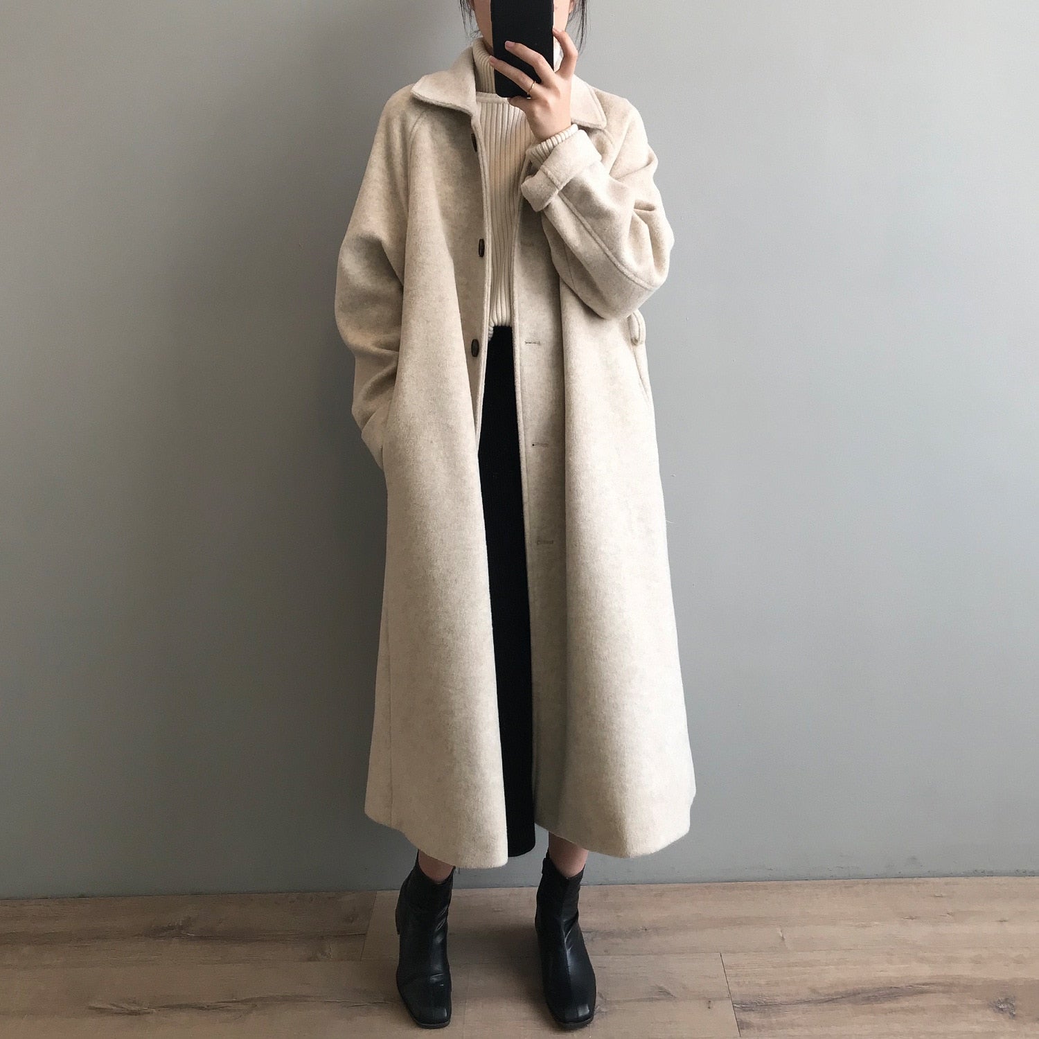 [Korean Style] High Quality Fully Lined Single Breasted A Line Belted Long Woolen Coat