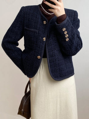 [Korean Style] Cotton Quilted Collarless Cropped Tweed Jacket