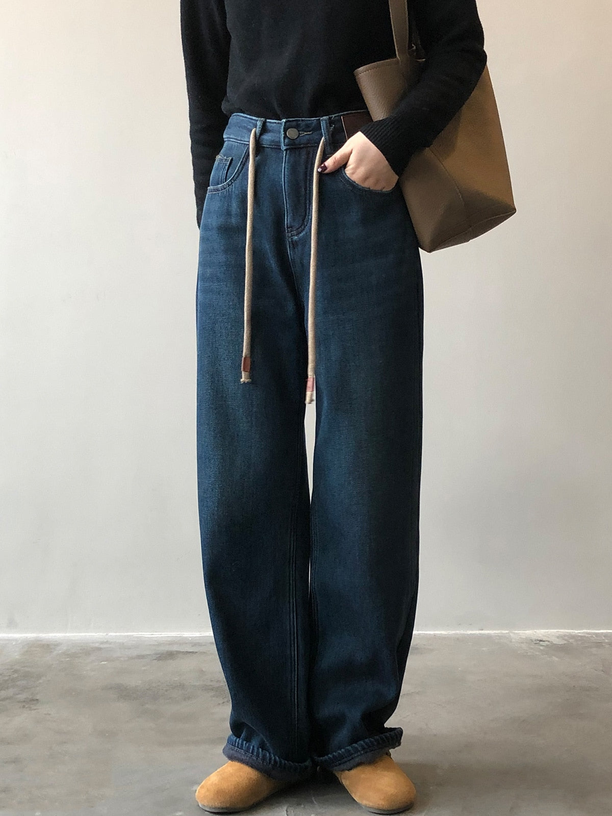 [Korean Style] Fleeced High Waist Drawstring Versatile Wide Leg Jeans