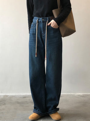 [Korean Style] Fleeced High Waist Drawstring Versatile Wide Leg Jeans