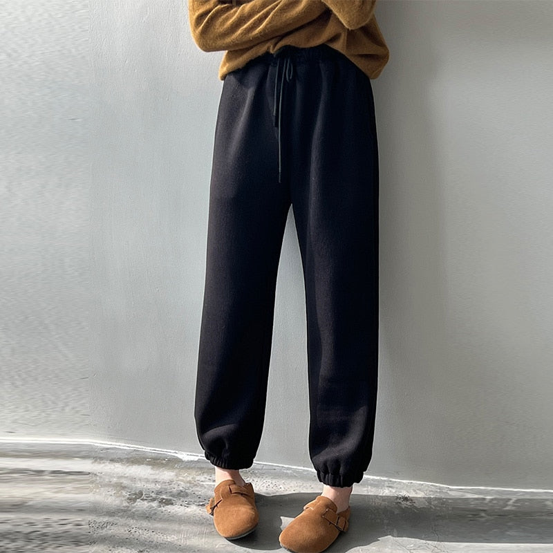 [Korean Style] 2 Color High Waist Drawstring Fleeced Sweatpants