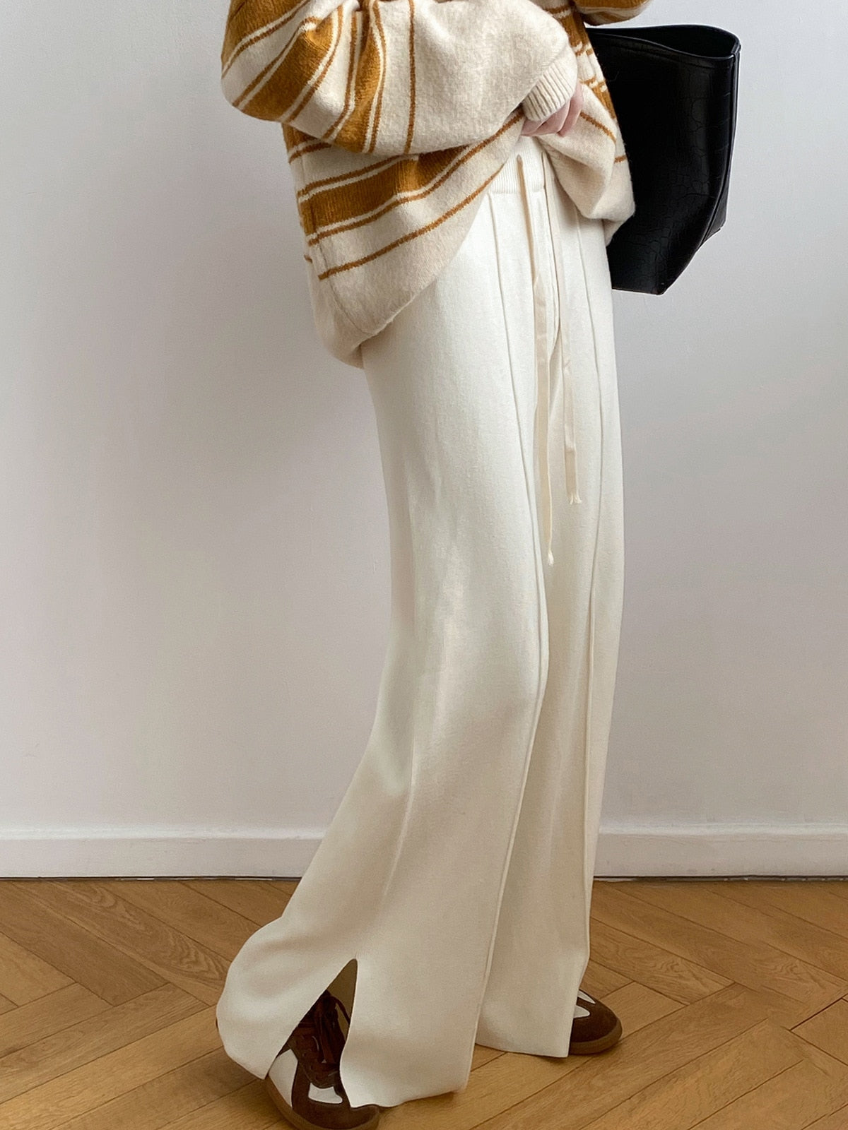 [Korean Style] 4 Color Drawstring Side Slit Full length Wide Leg Knit Pants