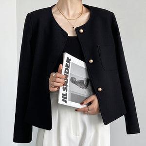 [Korean Style] Collarless Single Breasted Loose Fit Cropped Blazer Jacket