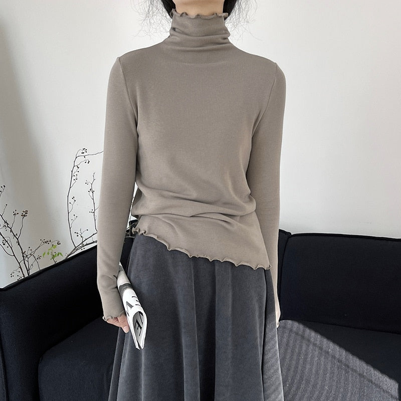 [Korean Style] Basic Slim Fit Solid Color Lettuce Edge Turtleneck Top