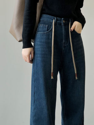 [Korean Style] Fleeced High Waist Drawstring Versatile Wide Leg Jeans