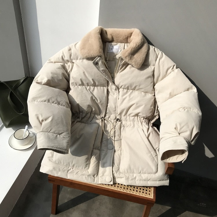 [Korean Style] Faux Fur Collared Cinched Waist Puffer Jacket