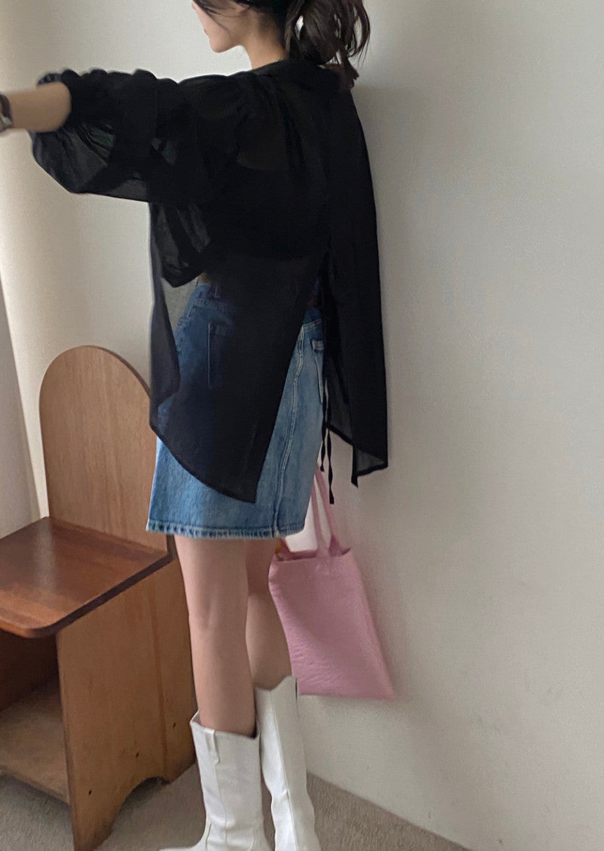 [Korean Style] Textured Back Slit Drawstring Blouse w/ Cinched Sleeve