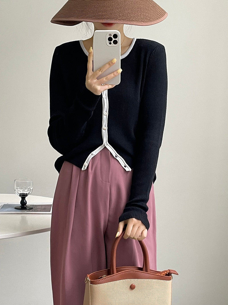[Korean Style] Contrast Color Round Neck Rib Knit Cardigan