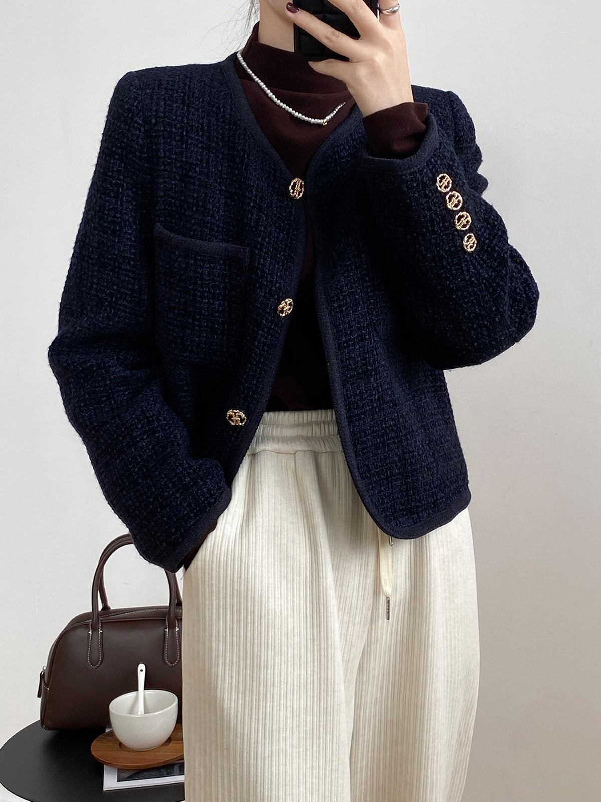 [Korean Style] Cotton Quilted Collarless Cropped Tweed Jacket