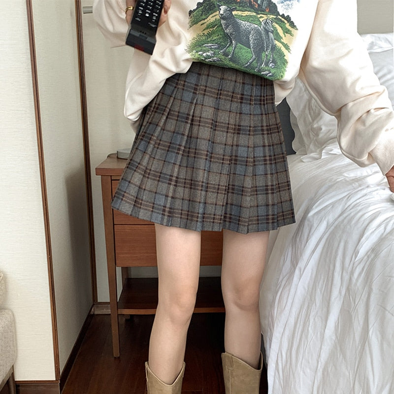 [Korean Style] High Waist Plaid A-line Pleated Mini Skirt