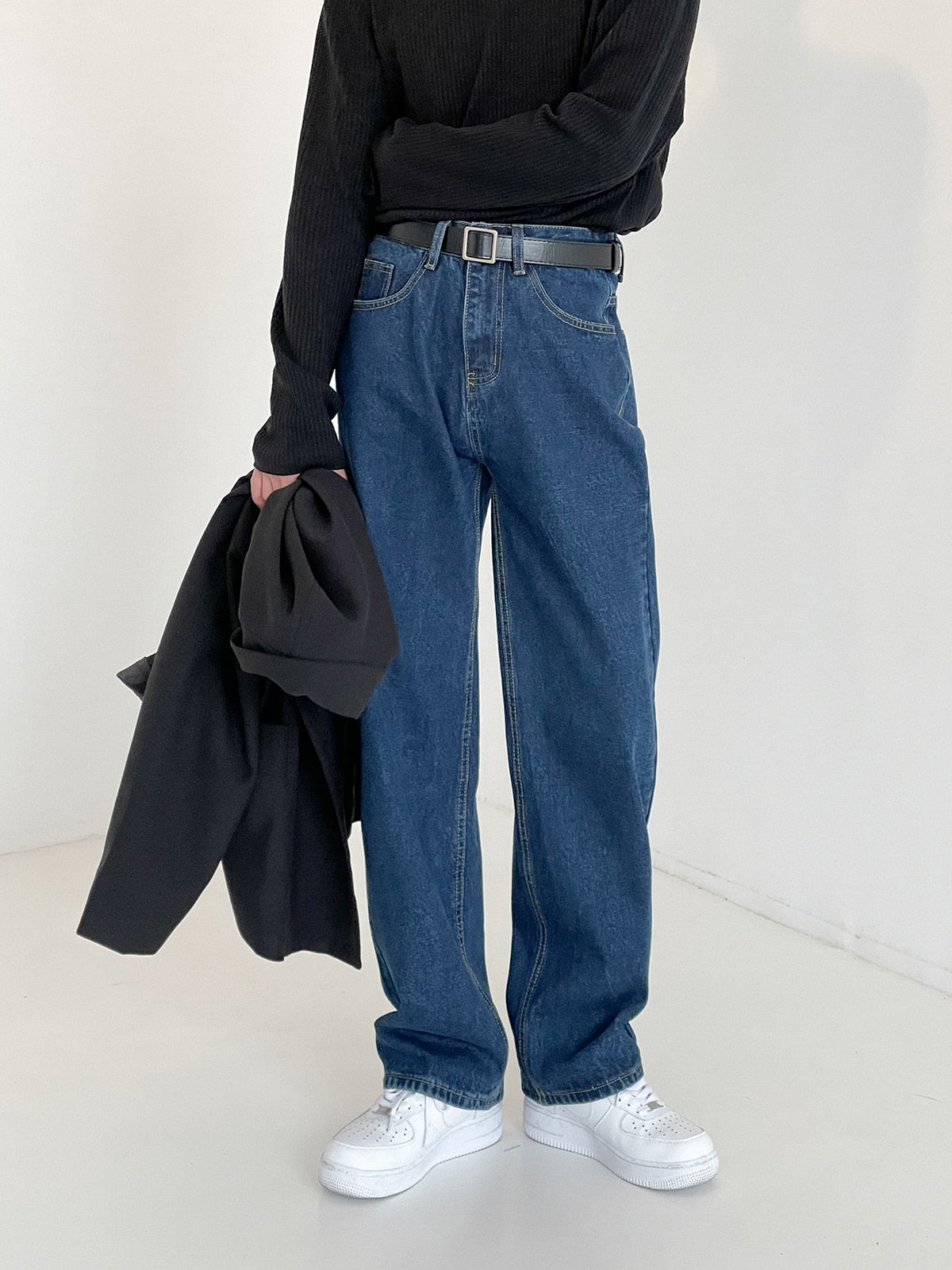 [Korean Style] Wide-Fit Washed Denim Jeans