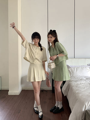[Korean Style] Co-ord Collarless Short Sleeve Tweed Jacket Pleated Skirt 2 pc Set