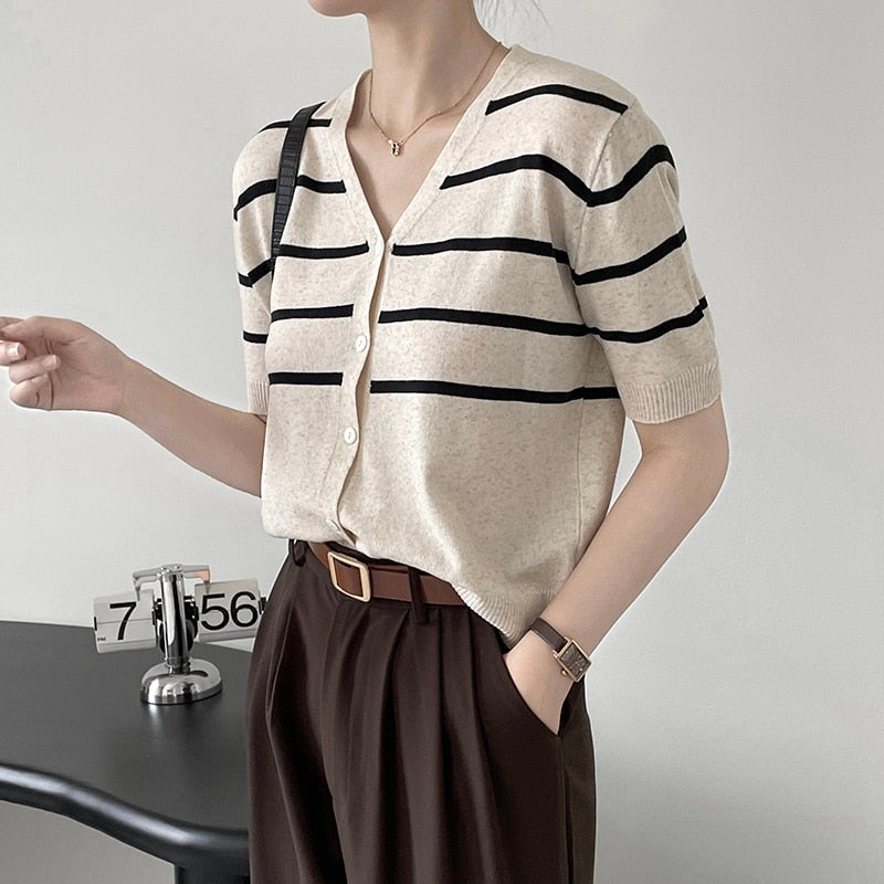 [Korean Style] V-Neck Striped Short Sleeve Knit Top Cardigan