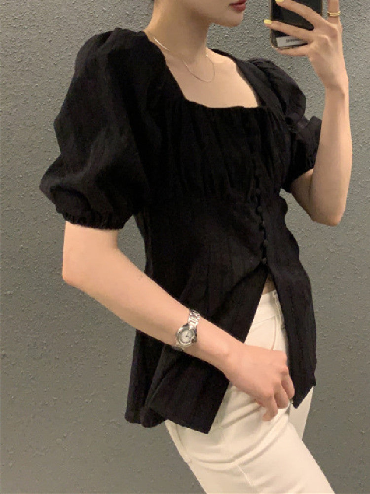 [Korean Style] Square Neck Puff Sleeve Short Sleeve Blouse