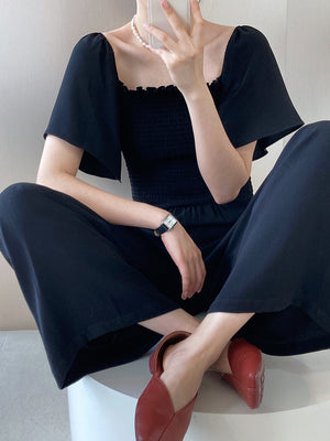 [Korean Style] Square Neck Short Sleeve Off-shoulder Jumpsuit Romper