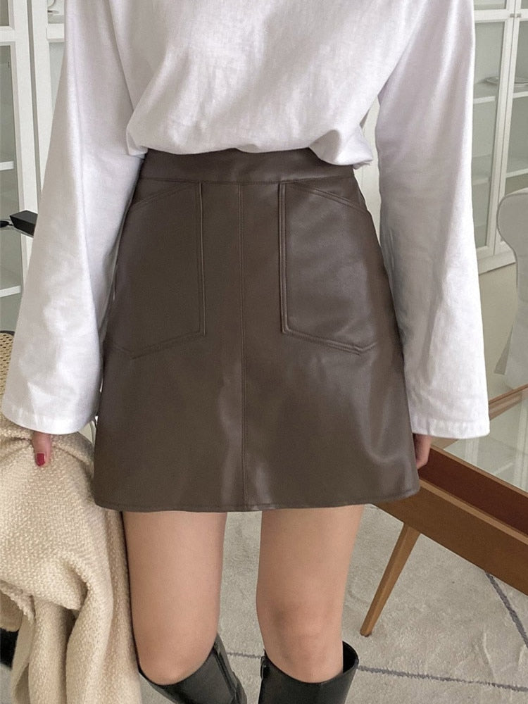 [Korean Style] High Waist A-line Faux Leather Mini Skirt w/ Pocket