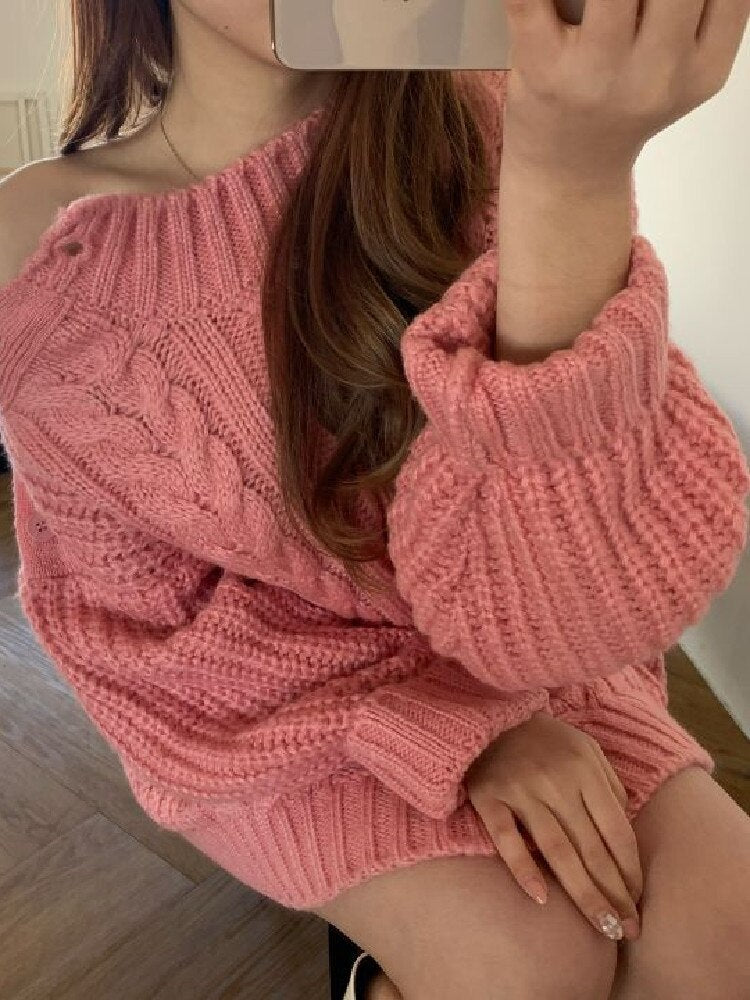 [Korean Style] Off the Shoulder One Piece Sweater Knit Dress