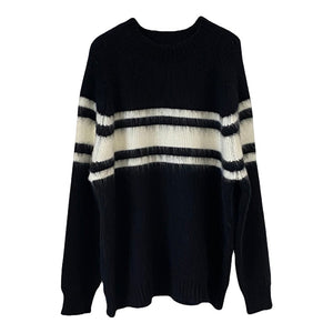 [Korean Style] Round Neck White Stripe Black Pullover Sweater