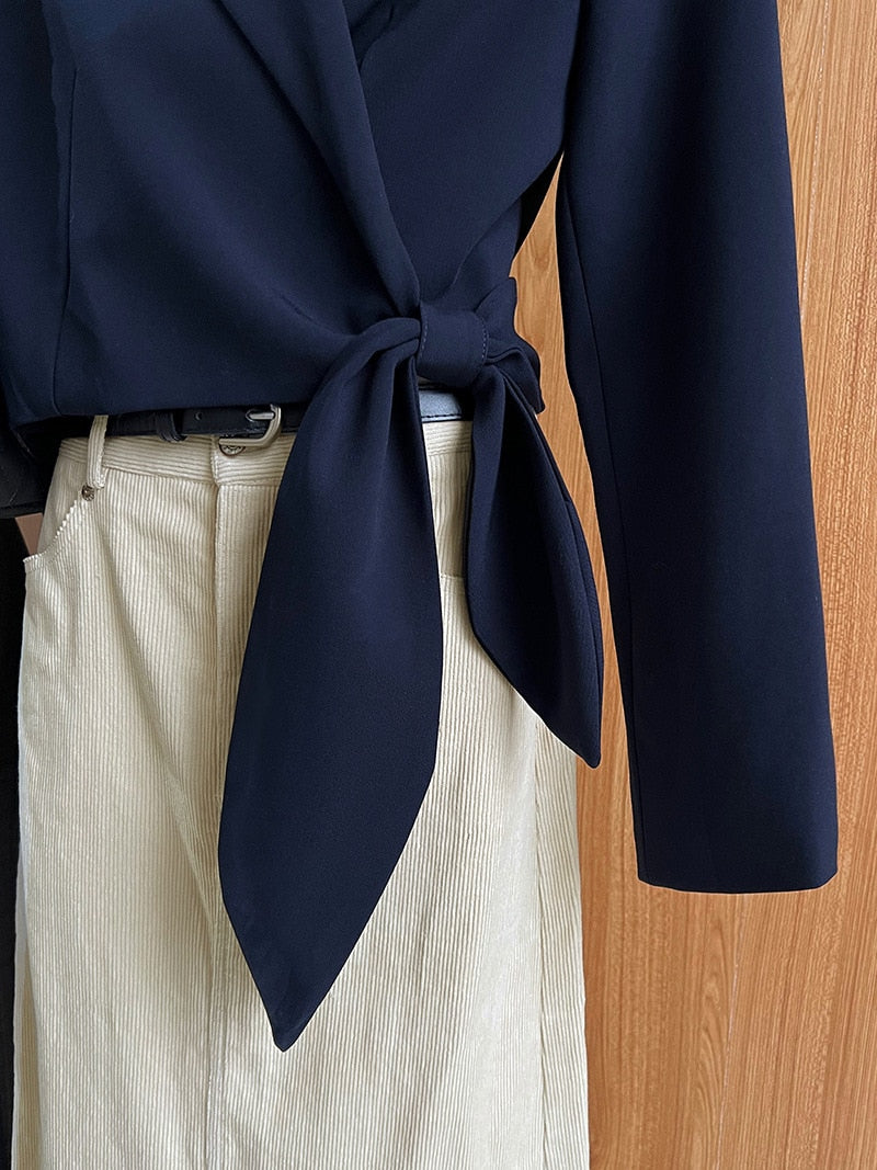 [Korean Style] 2 Color Loose Fit Wrap Tie Crop Blazer