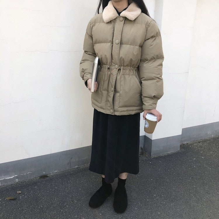 [Korean Style] Faux Fur Collared Cinched Waist Puffer Jacket