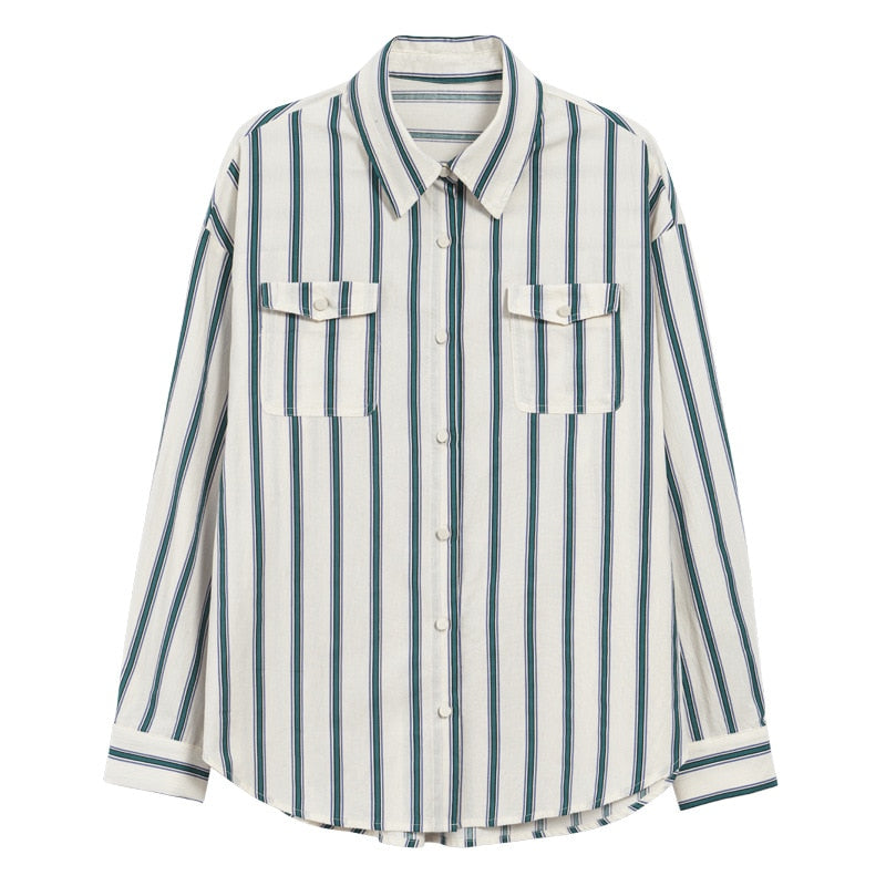 [Korean Style] 2 Color Loose Fit Cropped Shoulder Pocket Striped Shirts