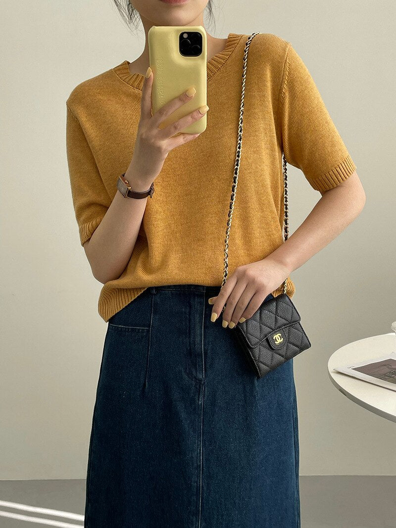 [Korean Style] 10 Color Half Sleeve Round Neck Knit Top