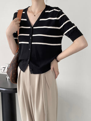 [Korean Style] V-Neck Striped Short Sleeve Knit Top Cardigan