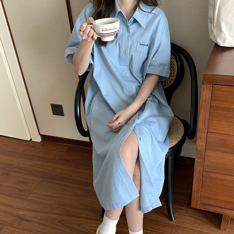 [Korean Style] Light Blue Denim Short Sleeve Button-down Shirt Dress