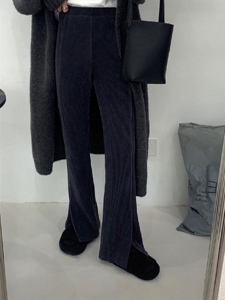 [Korean Style] 4 Color High Waist Corduroy Slit Flare Pants