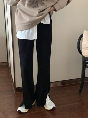 [Korean Style] Corduroy Cinched Waist Flare Pants w/ Slit