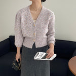 [Korean Style] Mixed Color Yarn V-neck Puff Sleeve Short Cardigan Sweater