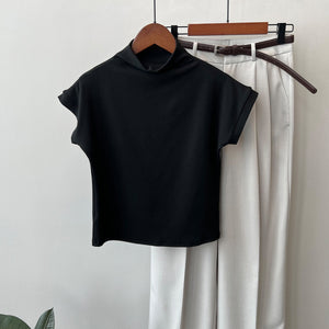 [Korean Style] Solid Color Mock Neck Cap Sleeve Crop Top